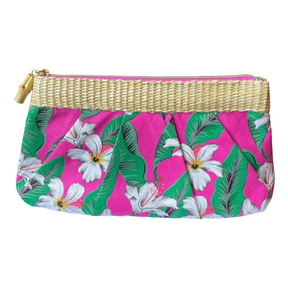 Estee Lauder Pink Floral Straw Zipper Pouch Cosmetic Bag Clutch